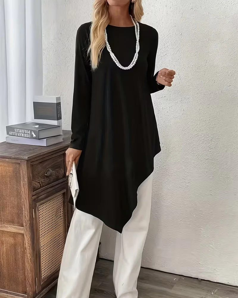 Asymmetric Mid-Length Solid Color Top - Image 2