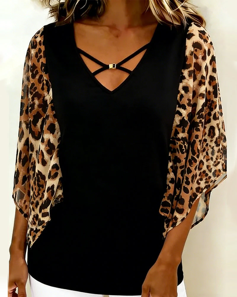 Batwing Sleeve Leopard Print Patchwork Blouse