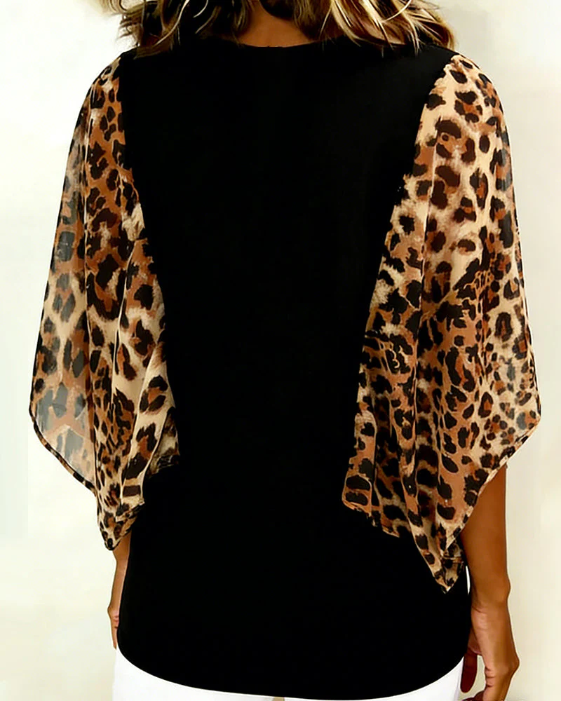 Batwing Sleeve Leopard Print Patchwork Blouse - Image 2