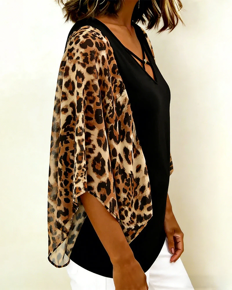 Batwing Sleeve Leopard Print Patchwork Blouse - Image 3