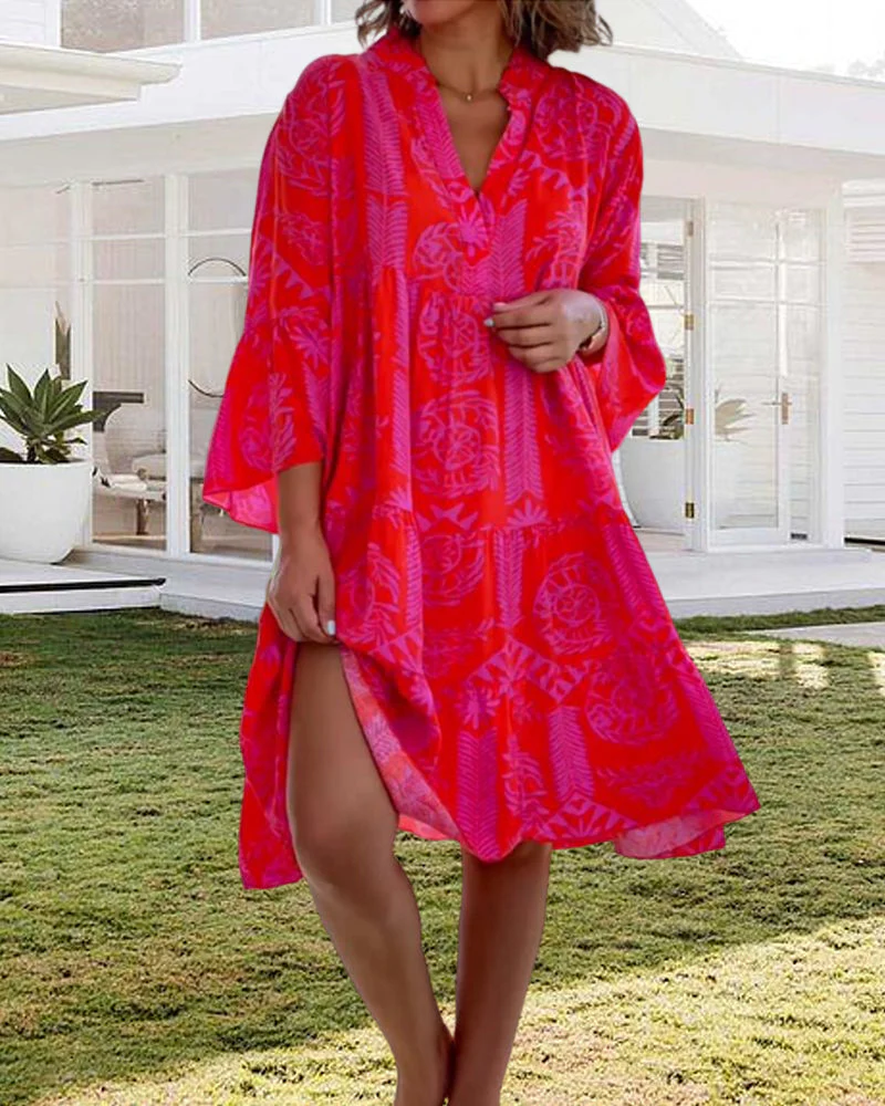 Boho Geometric Print 3/4 Sleeve Dress - Image 5