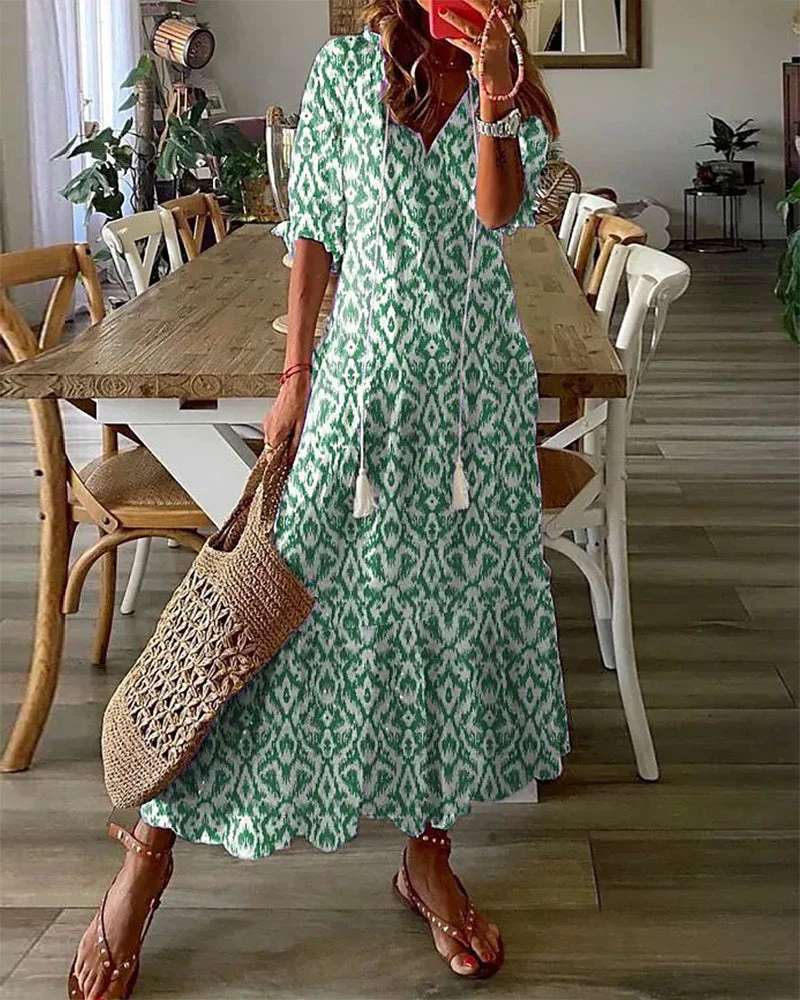 Boho Vintage V-Neck Printed Dress - Image 10