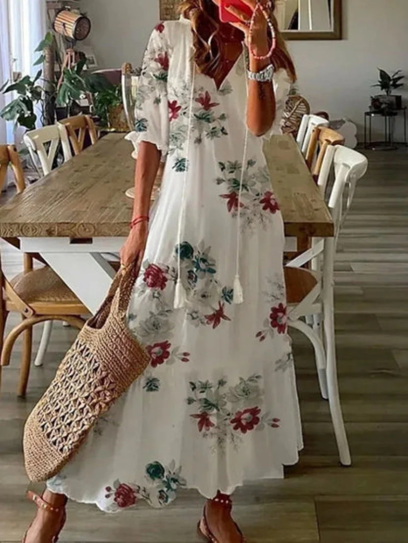 Boho Vintage V-Neck Printed Dress - Image 14