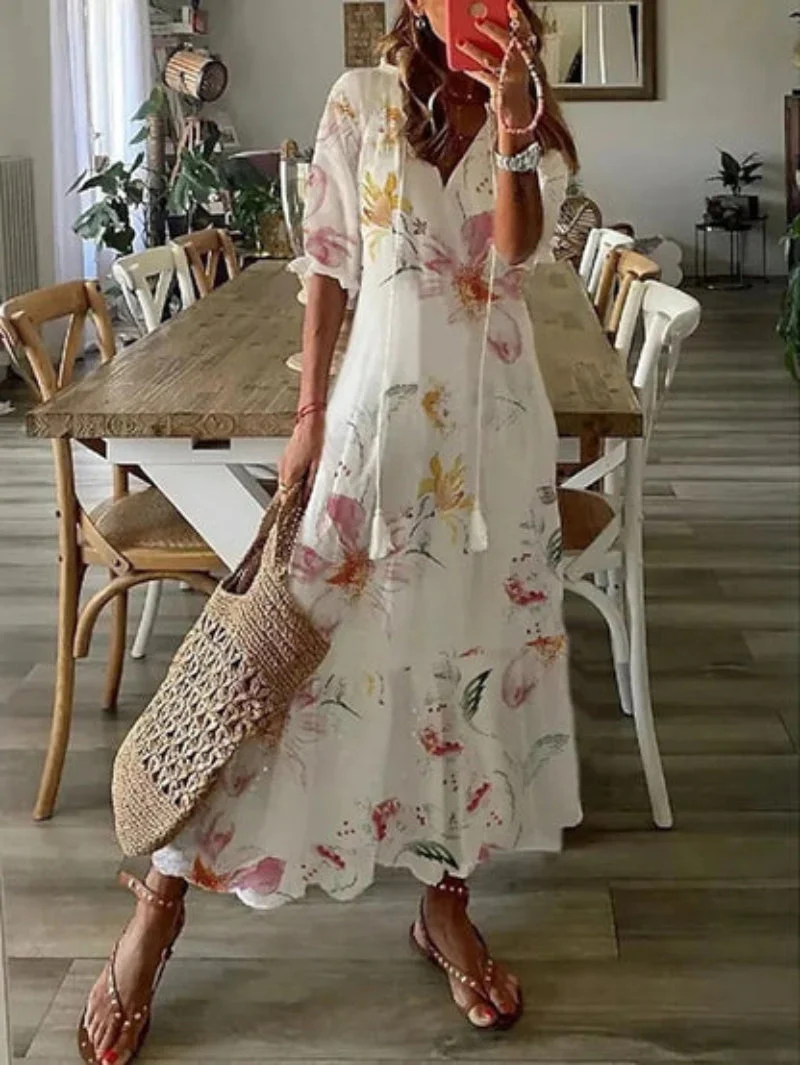 Boho Vintage V-Neck Printed Dress - Image 9