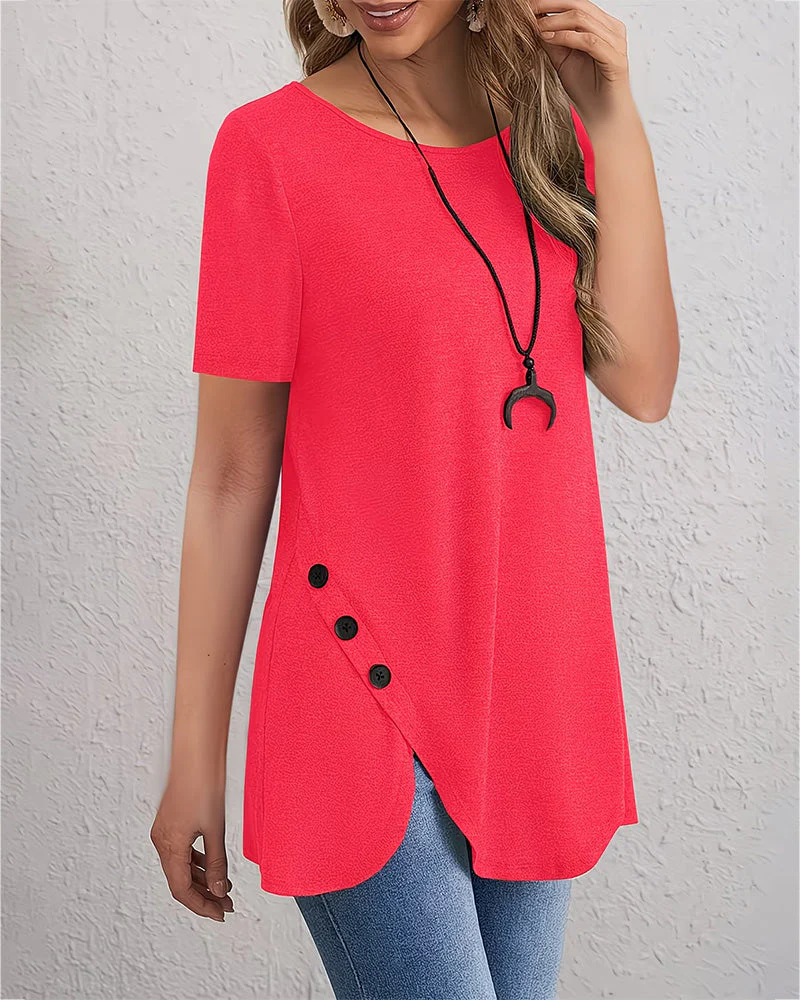 Button Decor Petal Hem T-Shirt - Image 3