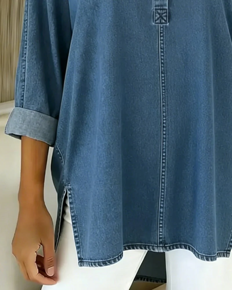 Button-Down V-Neck Denim Top - Image 2