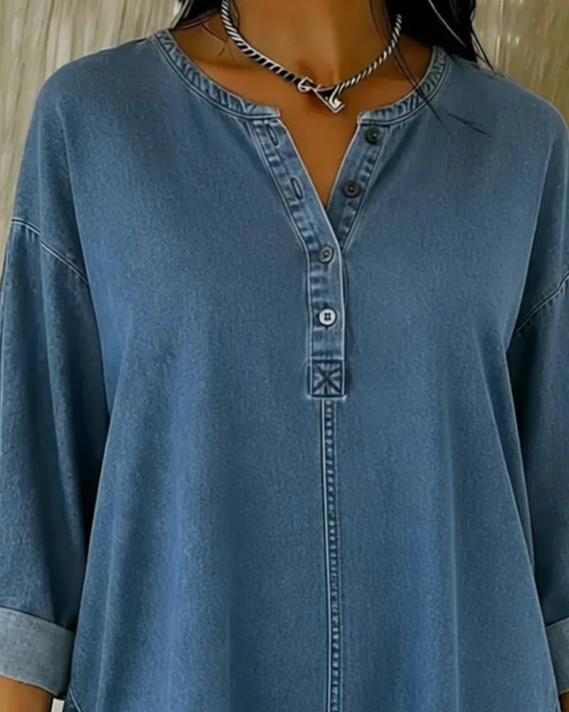Button-Down V-Neck Denim Top - Image 3
