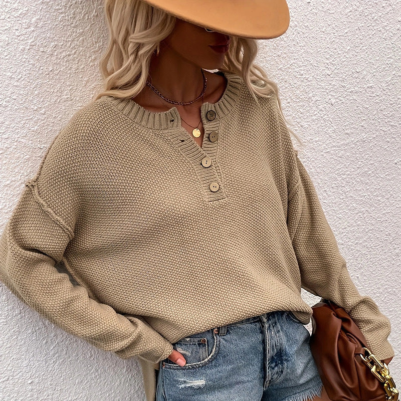 Button Pullover V-Neck Knitted Sweater - Image 6