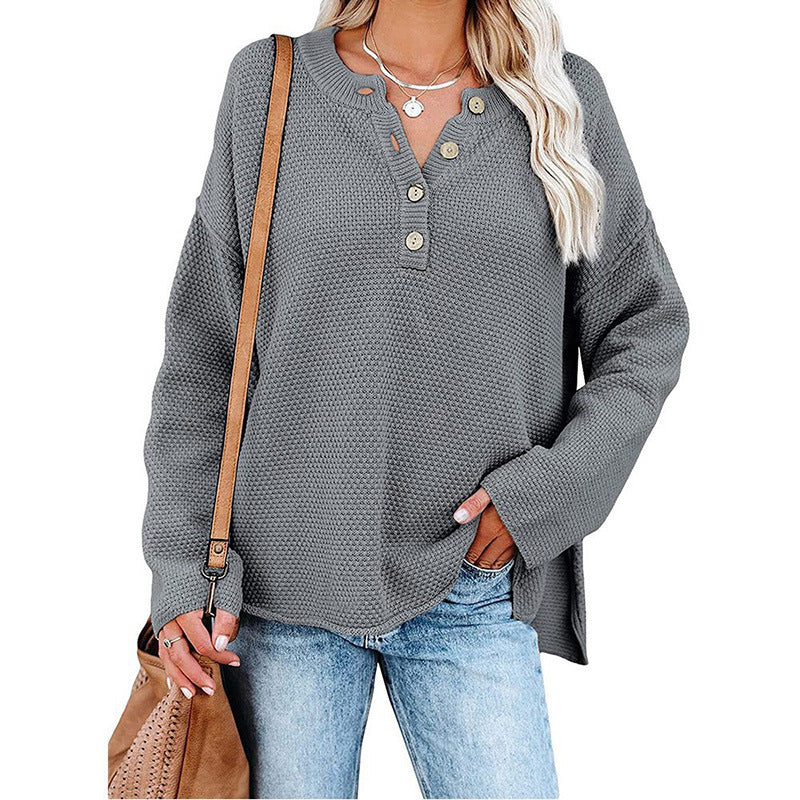 Button Pullover V-Neck Knitted Sweater - Image 7