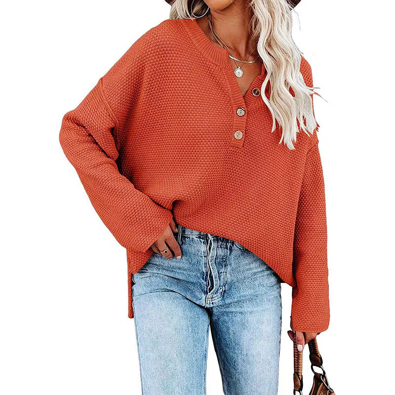 Button Pullover V-Neck Knitted Sweater - Image 9