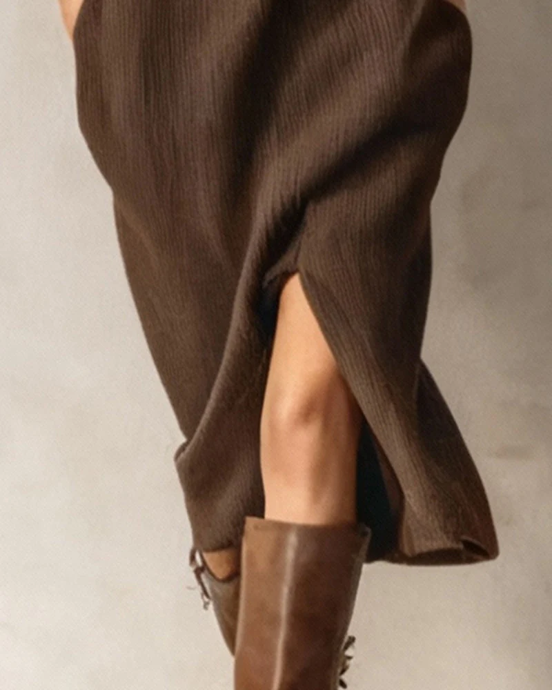 Buttoned Turtleneck Slit Hem Dress - Image 3