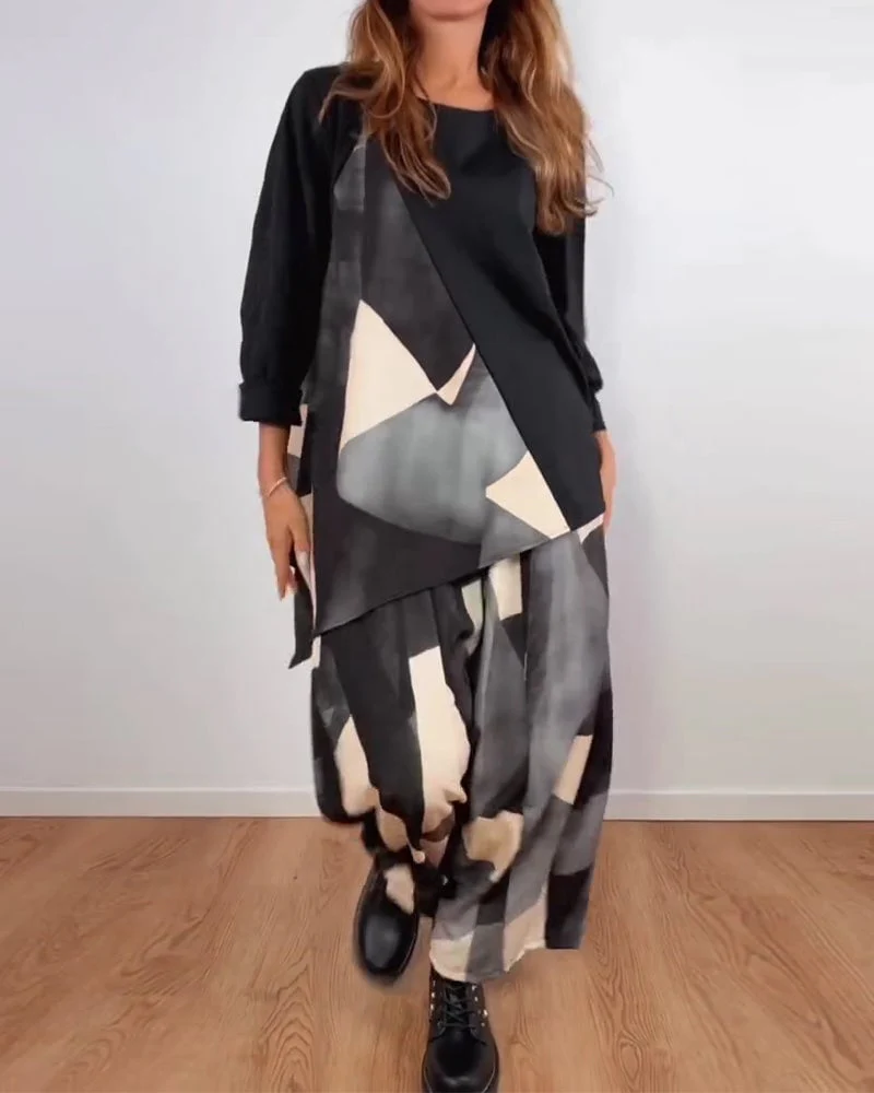 Casual Geometric Print Wide-Leg Pants Two-Piece Set - Image 2