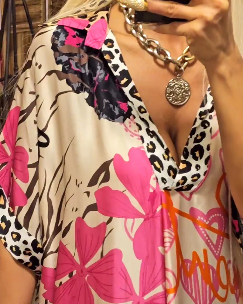 Casual Leopard and Colorful Print Deep V Dress - Image 2