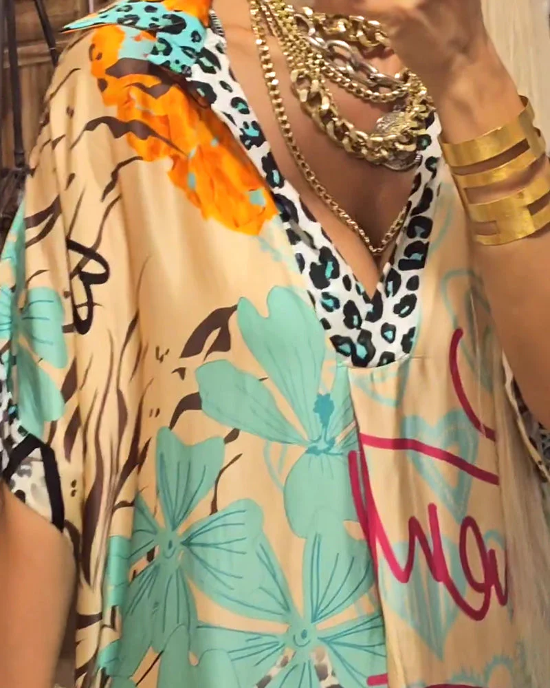 Casual Leopard and Colorful Print Deep V Dress - Image 6