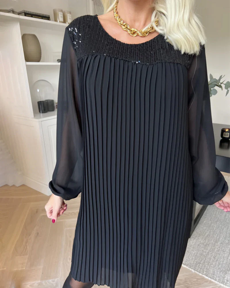 Casual Pleated Round Neck Dress - Image 3