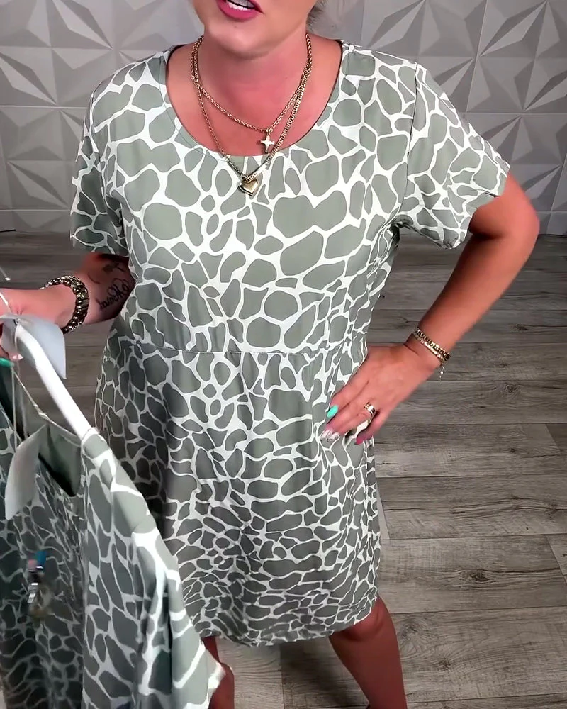 Casual Printed Crew Neck Dress - Image 3