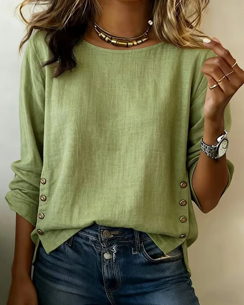 Casual Round Neck Button Design Top - Image 9