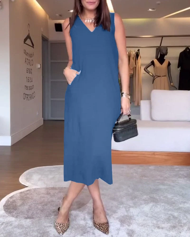 Casual V-neck Sleeveless Solid Color Split Dress - Image 11