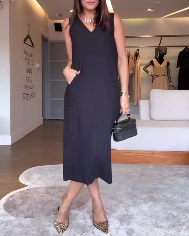 Casual V-neck Sleeveless Solid Color Split Dress - Image 2