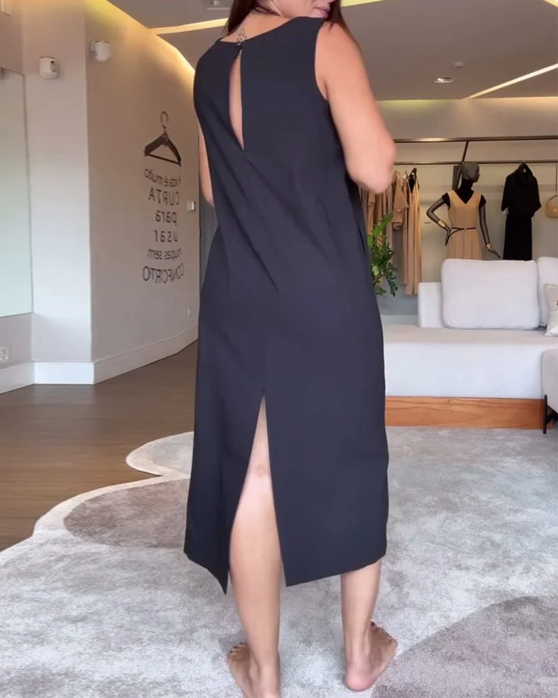 Casual V-neck Sleeveless Solid Color Split Dress - Image 4