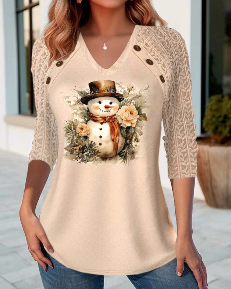 Casual V-Neck Snowman Print Top