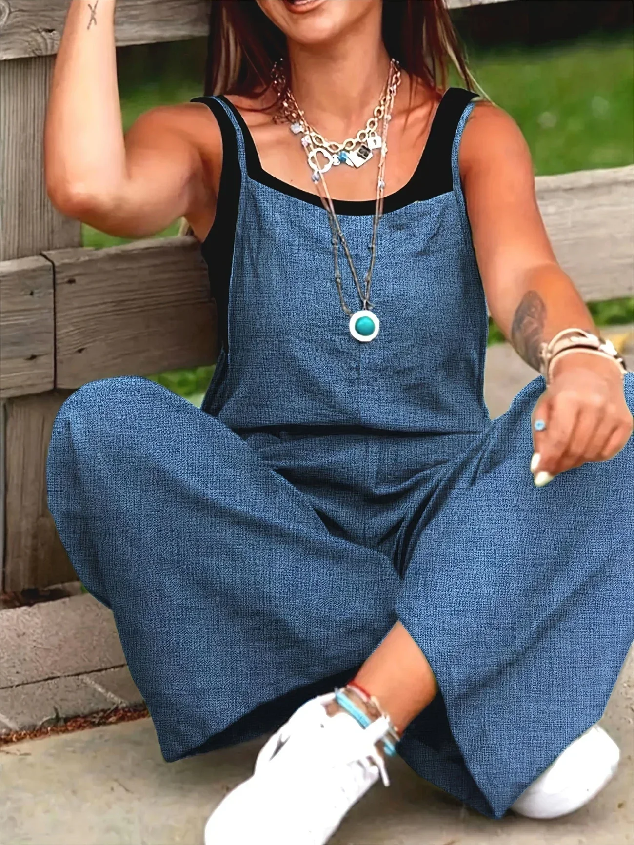 Casual Wide Leg Overalls With Pockets - Image 3