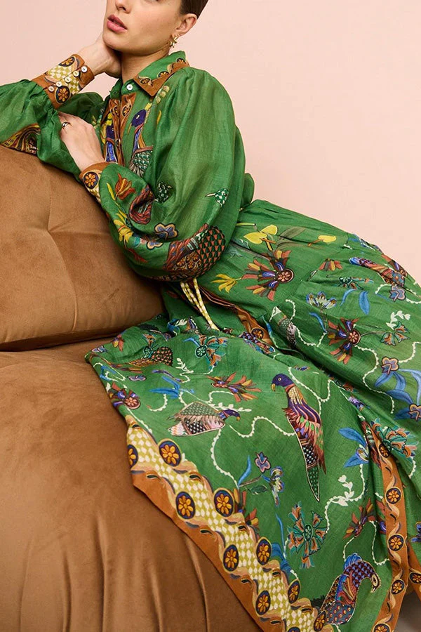 Celestial Bird Print Puff Sleeve Dress - Image 11