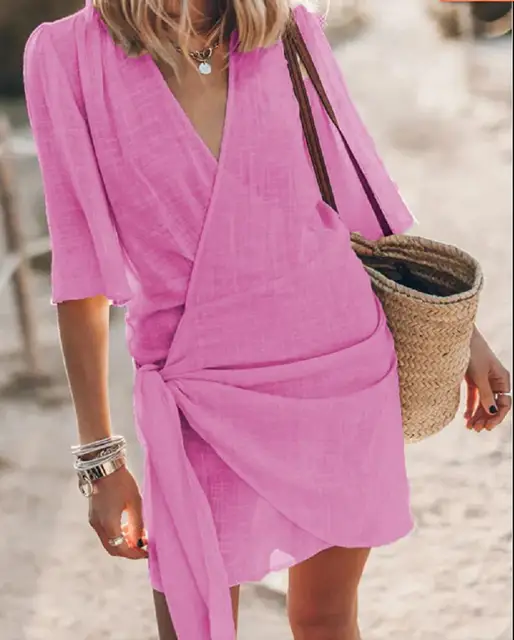 Chic Linen Dress with Classic V-Neck Cut - Image 3