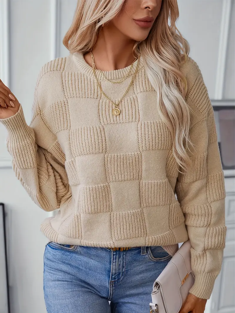 Chic Plaid Crew Neck Knit Sweater - Image 12