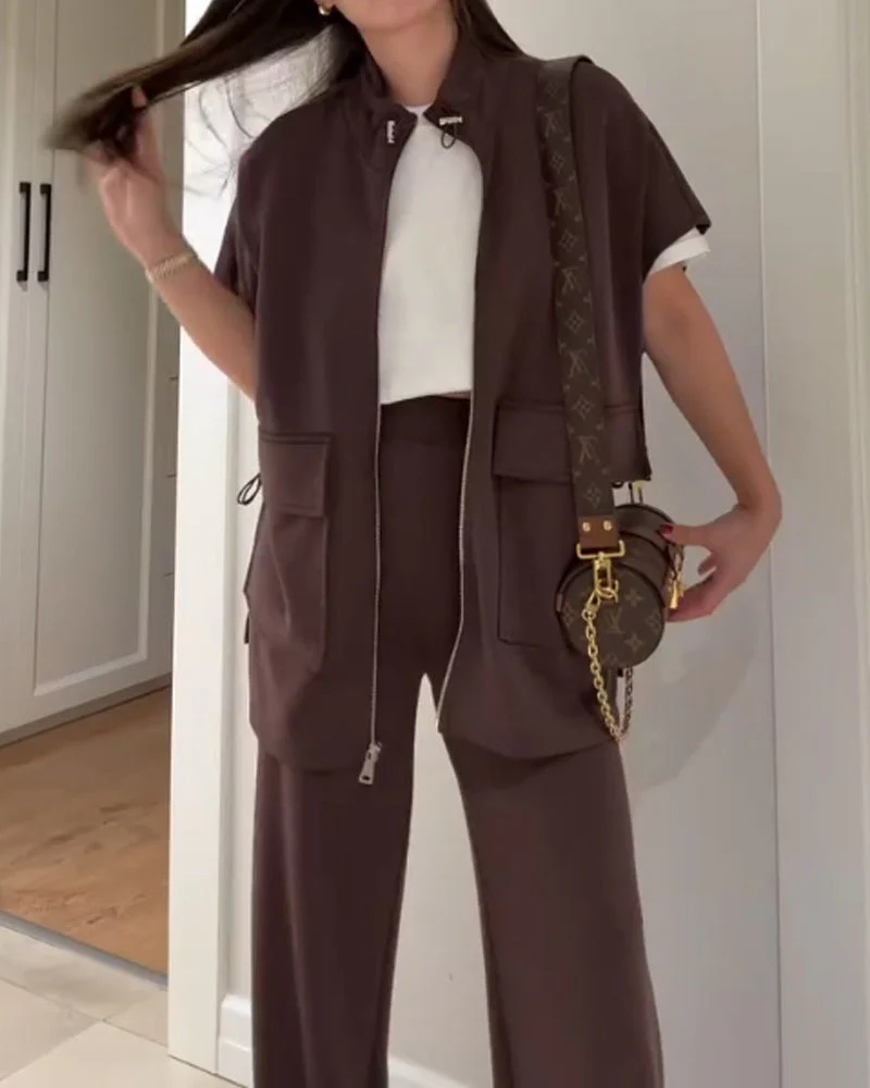Chic Top and Pants Outfit with Stretch Waist - Image 11