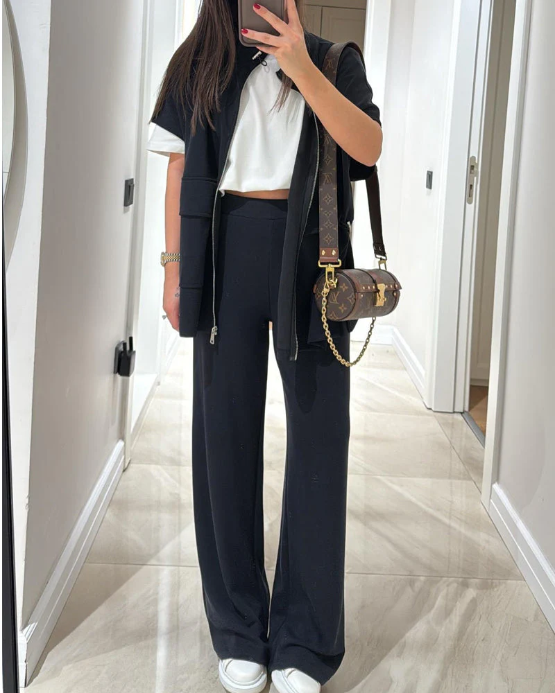 Chic Top and Pants Outfit with Stretch Waist - Image 18