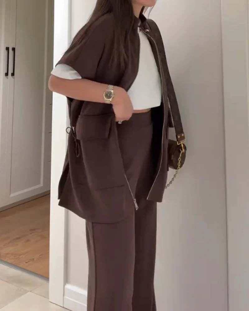 Chic Top and Pants Outfit with Stretch Waist - Image 26