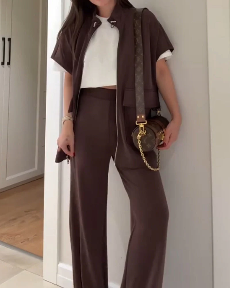 Chic Top and Pants Outfit with Stretch Waist - Image 27
