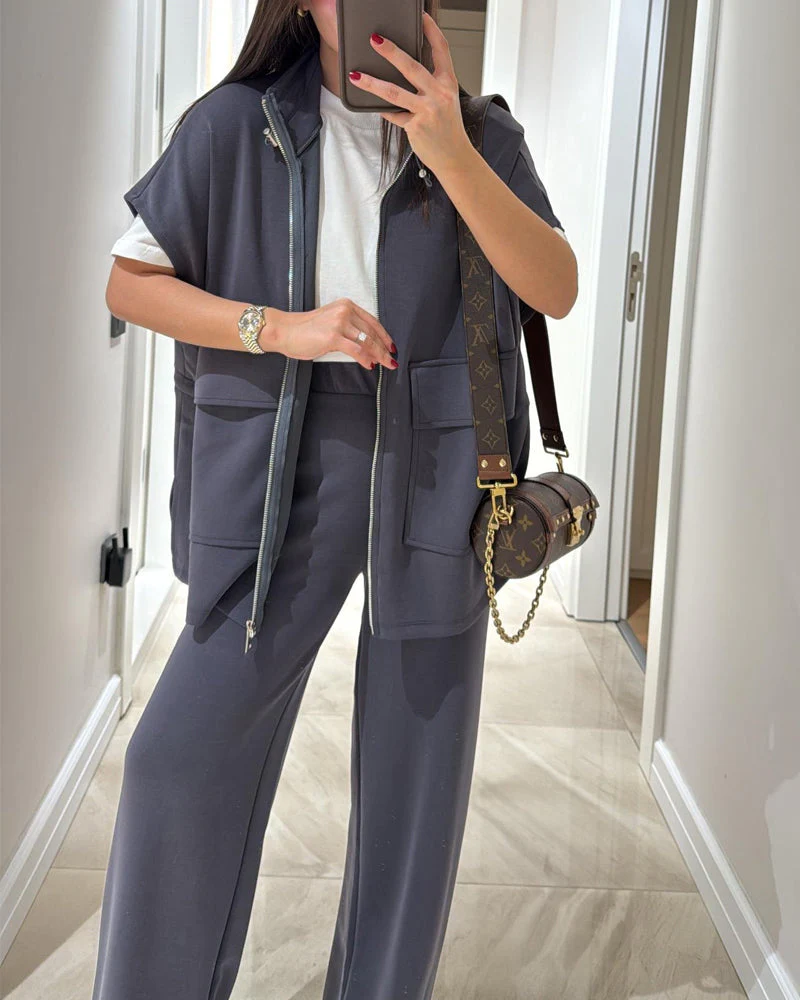 Chic Top and Pants Outfit with Stretch Waist - Image 29