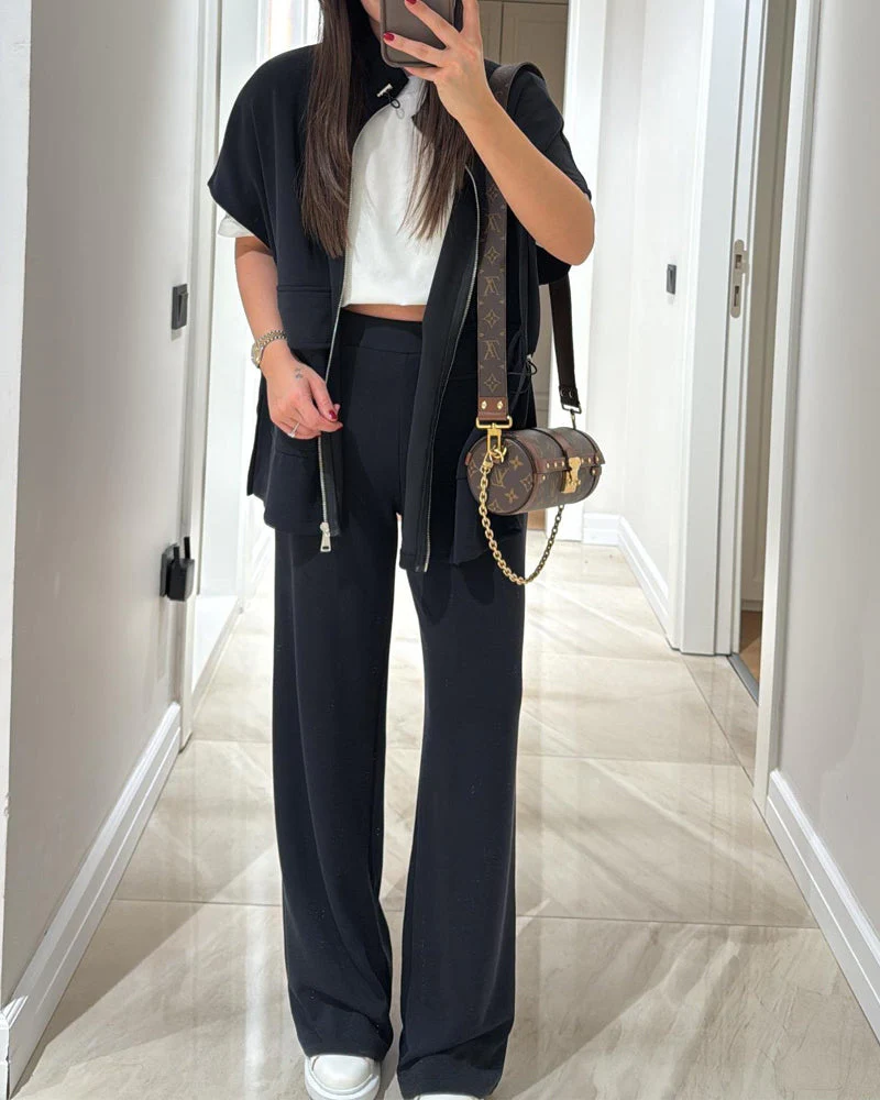 Chic Top and Pants Outfit with Stretch Waist - Image 3