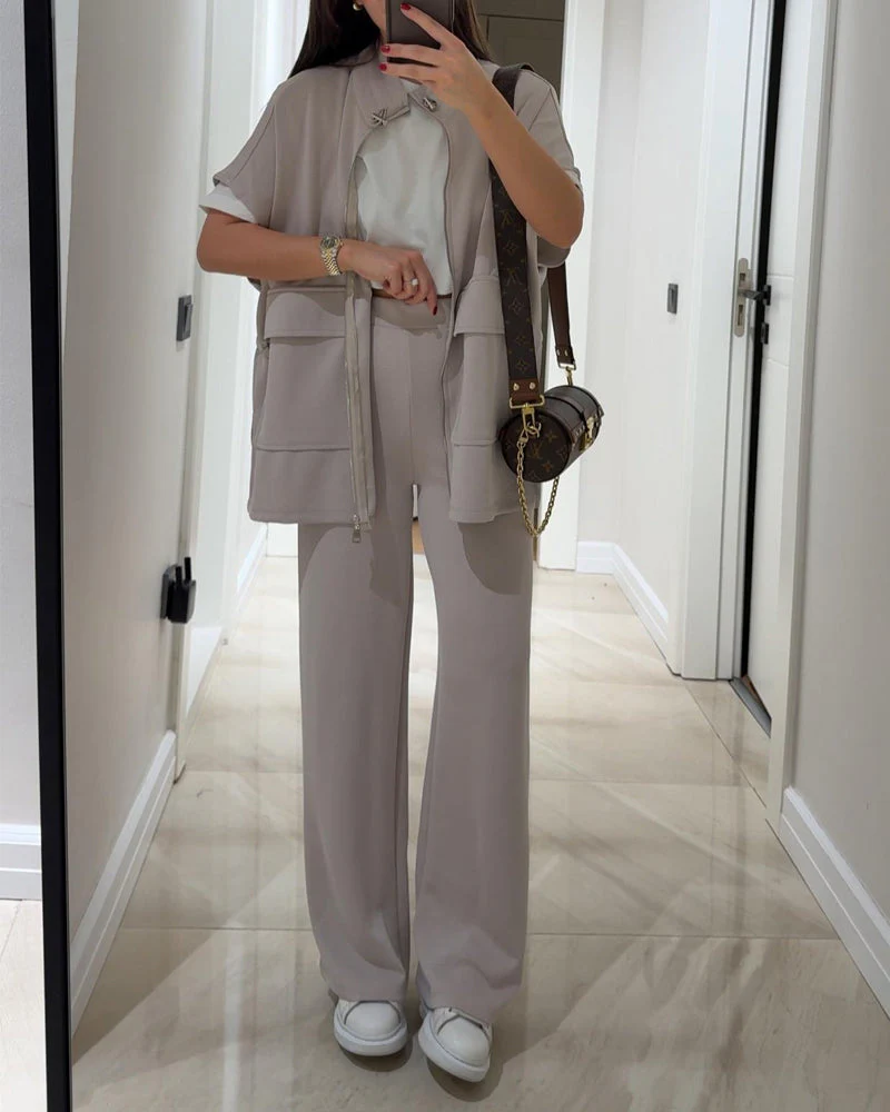 Chic Top and Pants Outfit with Stretch Waist - Image 7