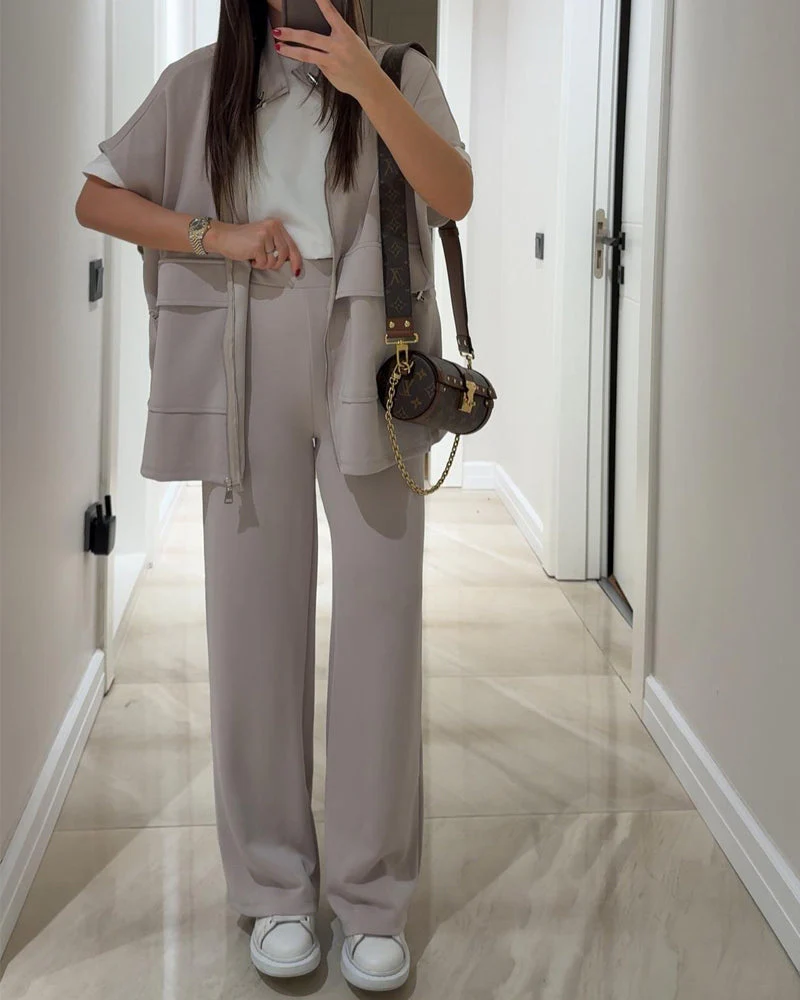 Chic Top and Pants Outfit with Stretch Waist - Image 8