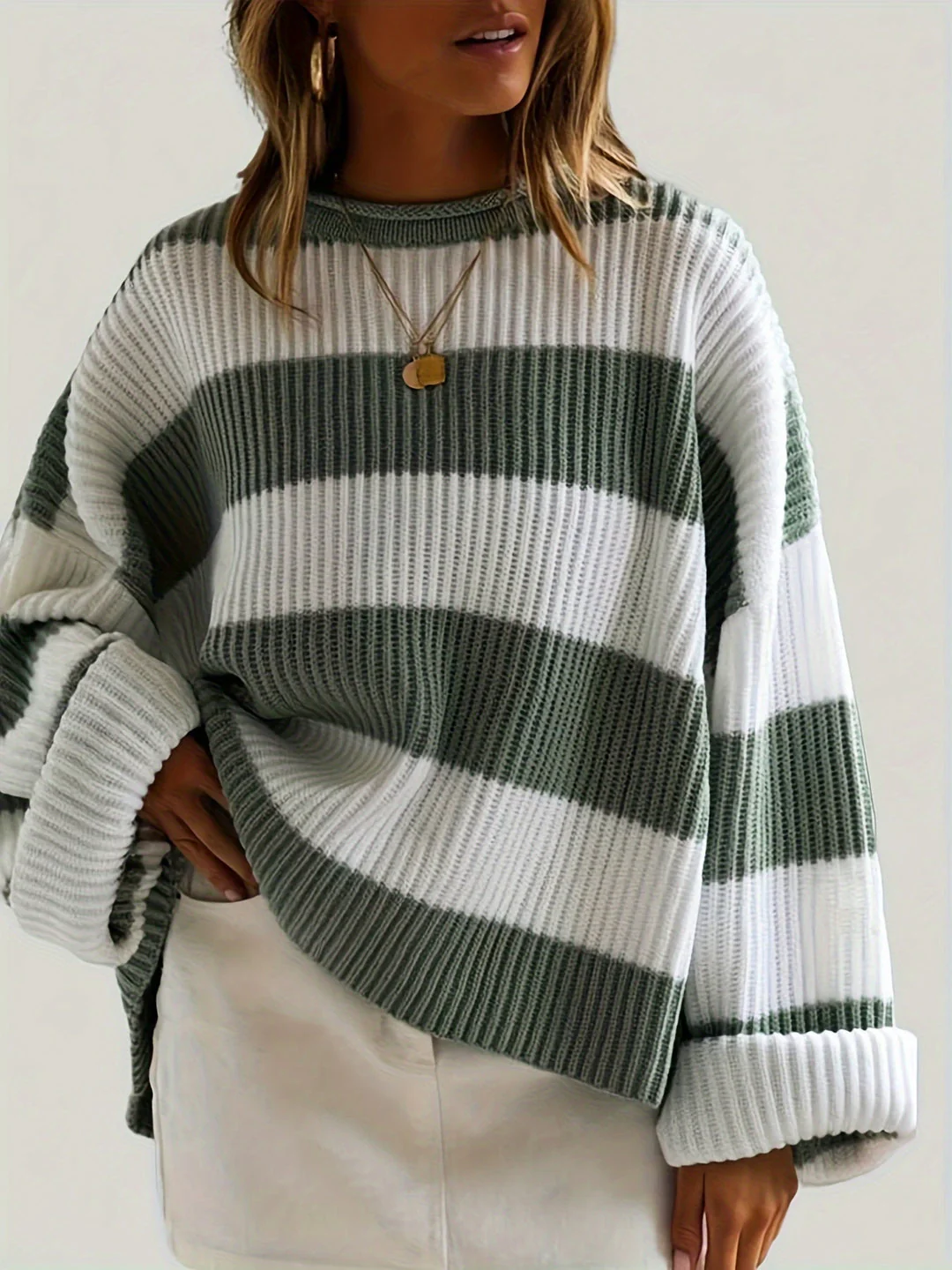 Chloe | Striped Crew Neck Pullover Sweater - Image 2