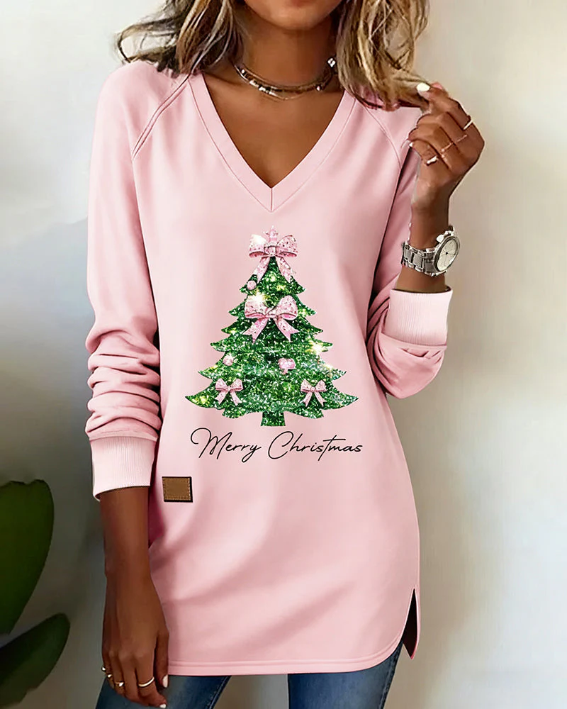 Christmas Tree Print V-Neck Sweatshirt - Image 2