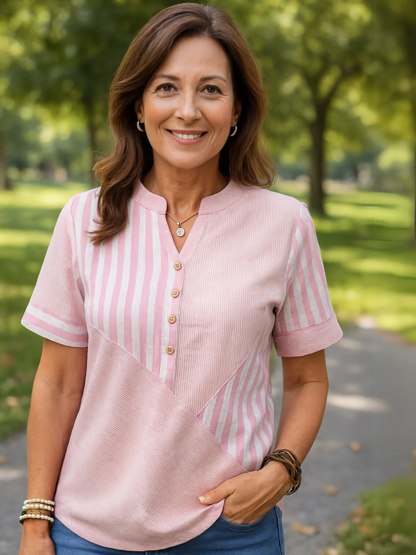 Classic Striped Button Up Blouse - Image 3