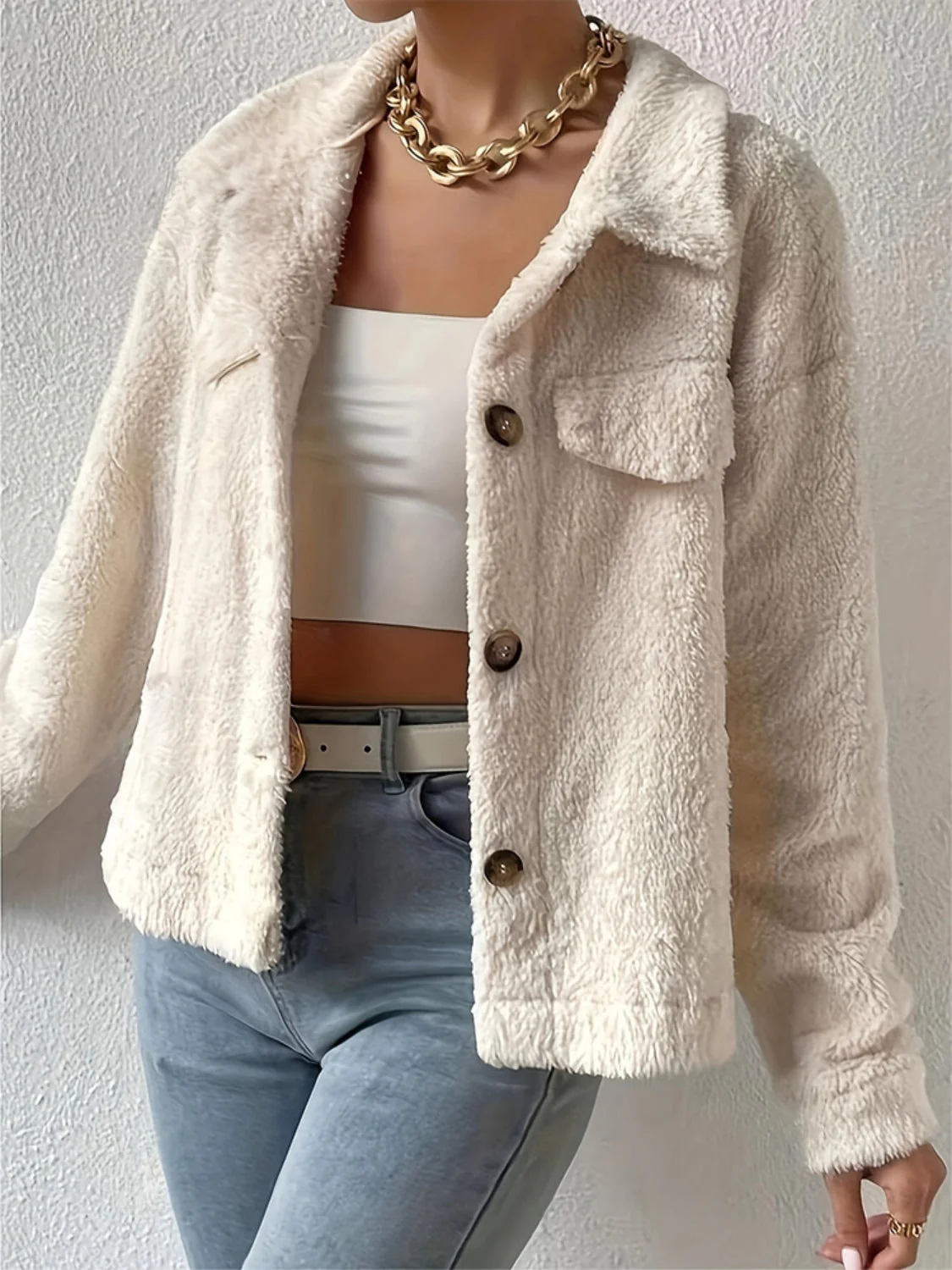 Collared Neck Button Up Cardigan with Decorative Pocket Flaps - Image 6