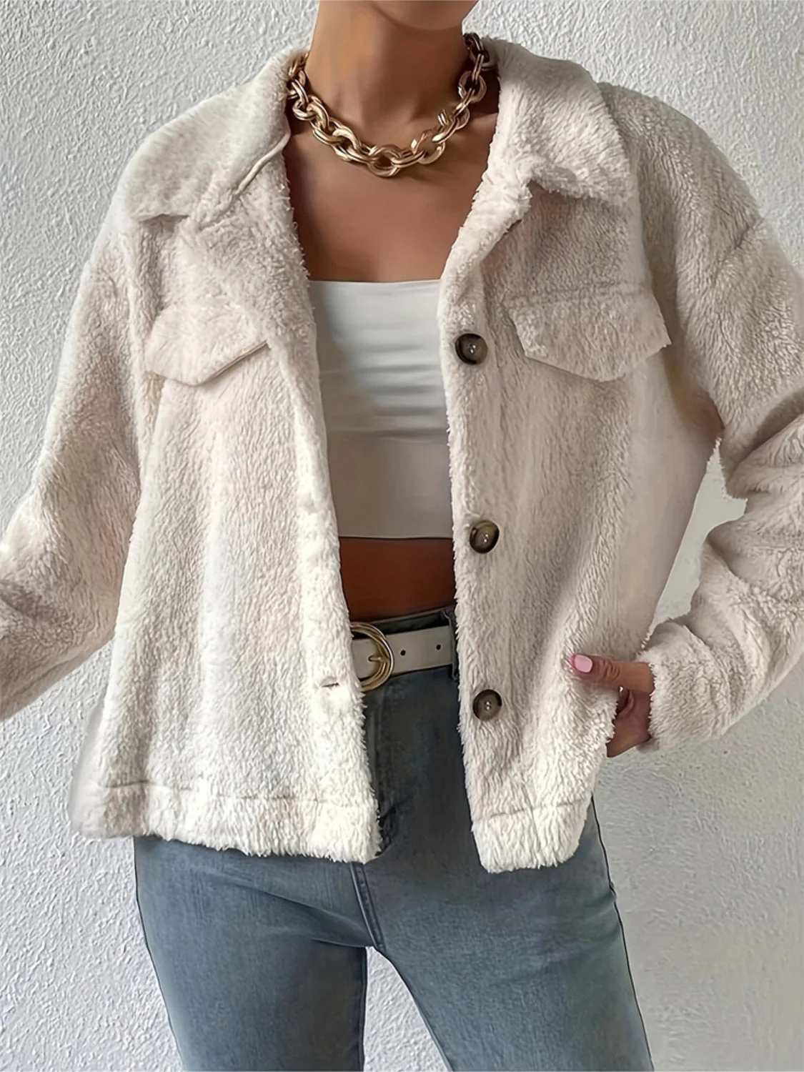 Collared Neck Button Up Cardigan with Decorative Pocket Flaps - Image 7