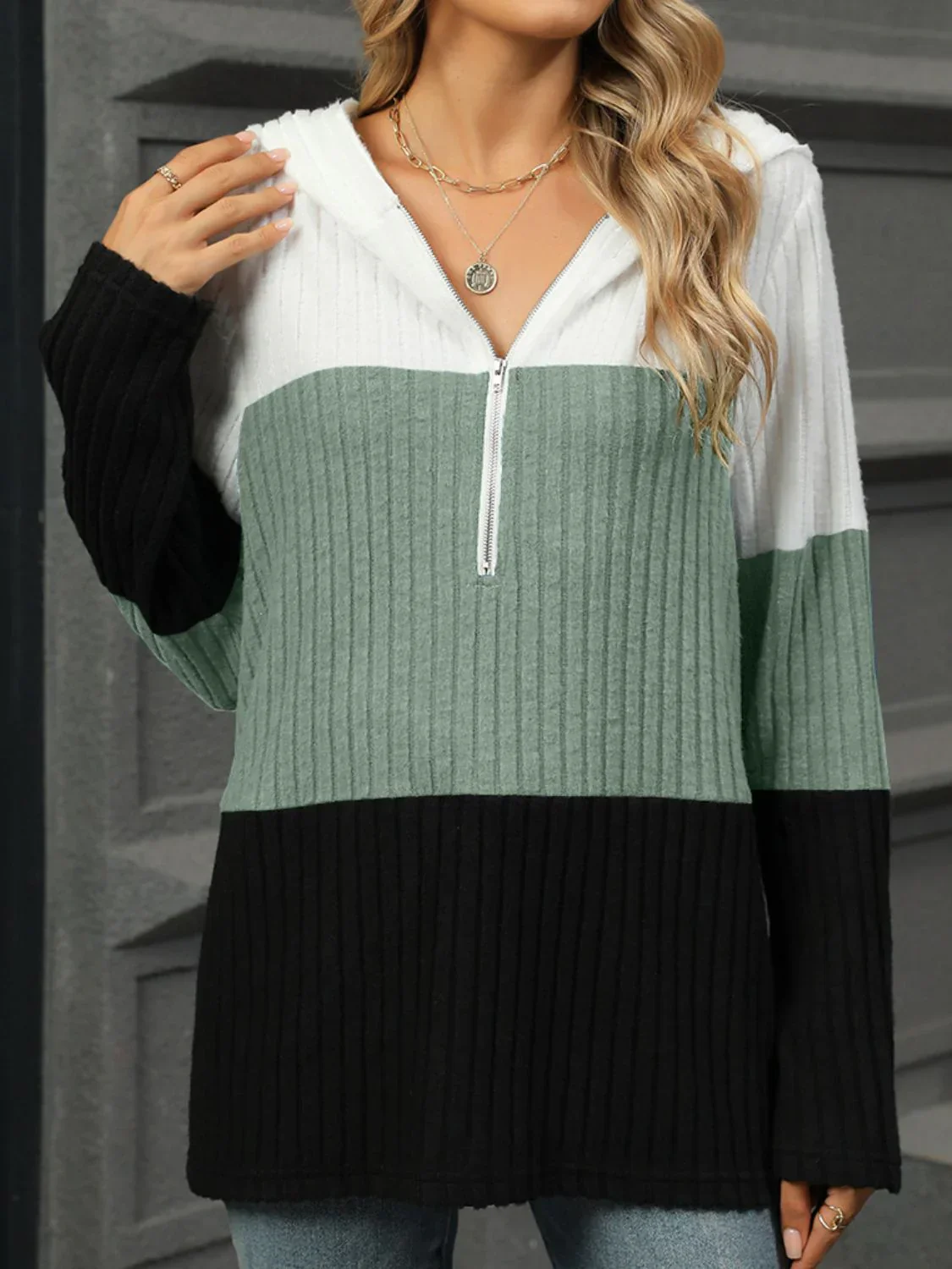 Color Block Hooded Long Sleeve T-Shirt - Image 7