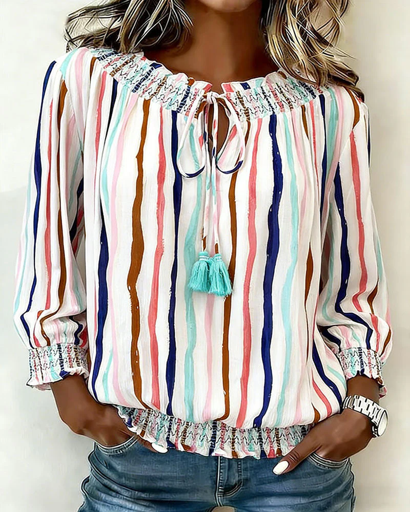 Color Block Stripe Drawstring Blouse - Image 2