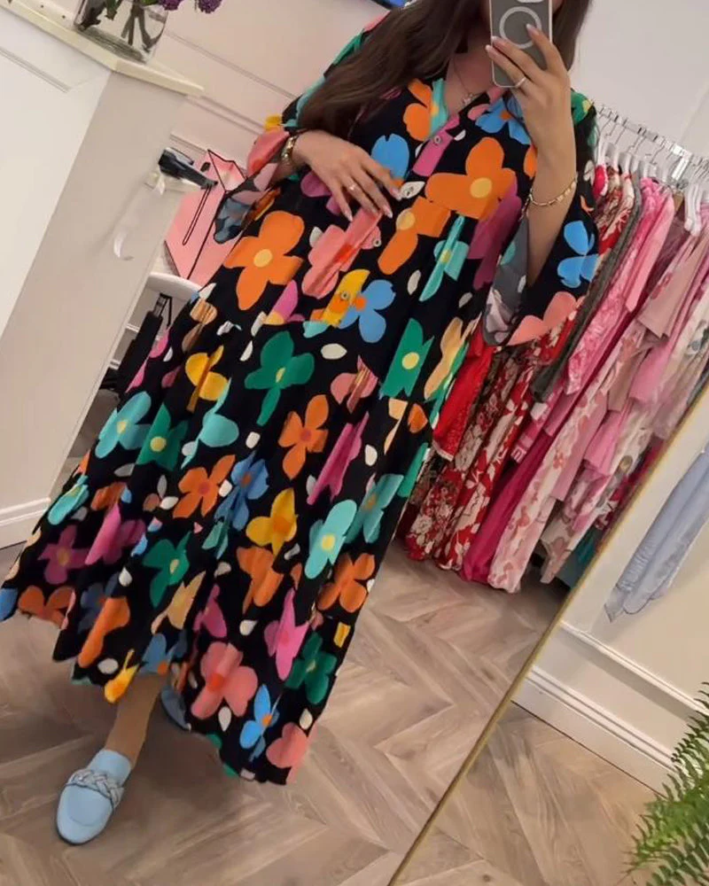 Colorful floral print bell sleeve casual dress - Image 14
