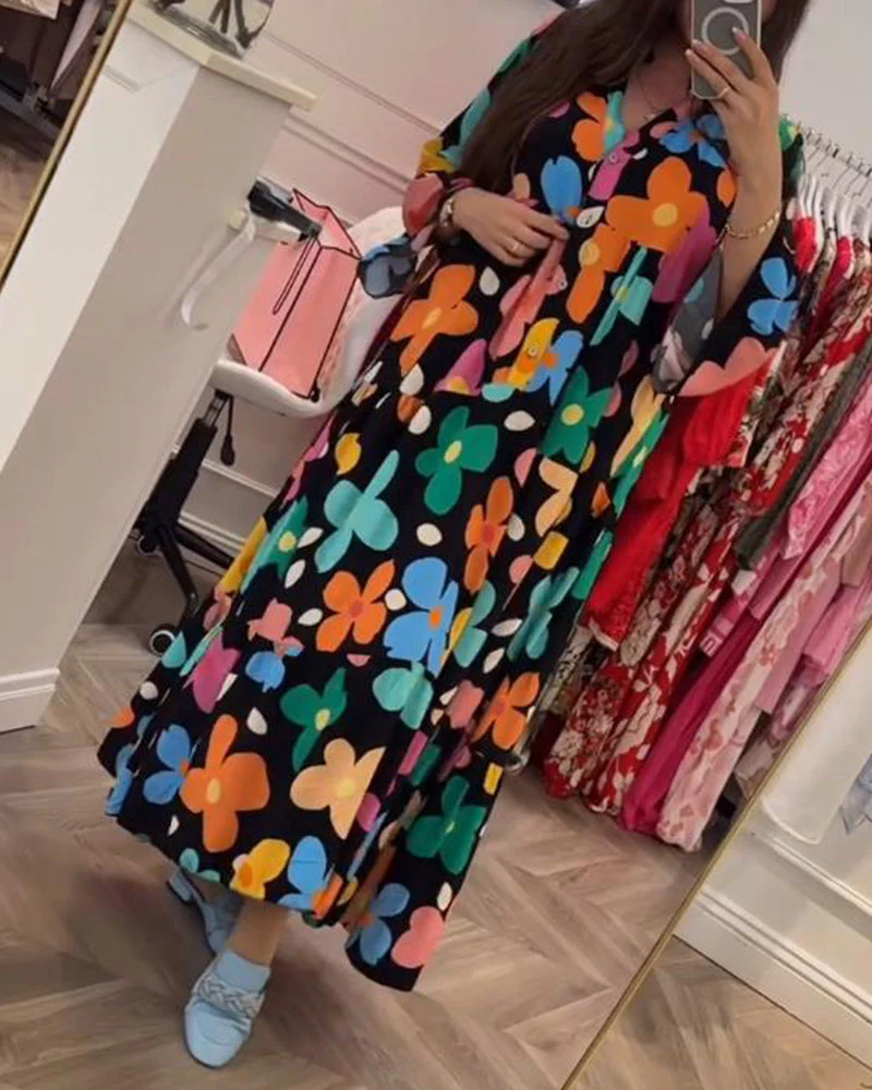 Colorful floral print bell sleeve casual dress - Image 24