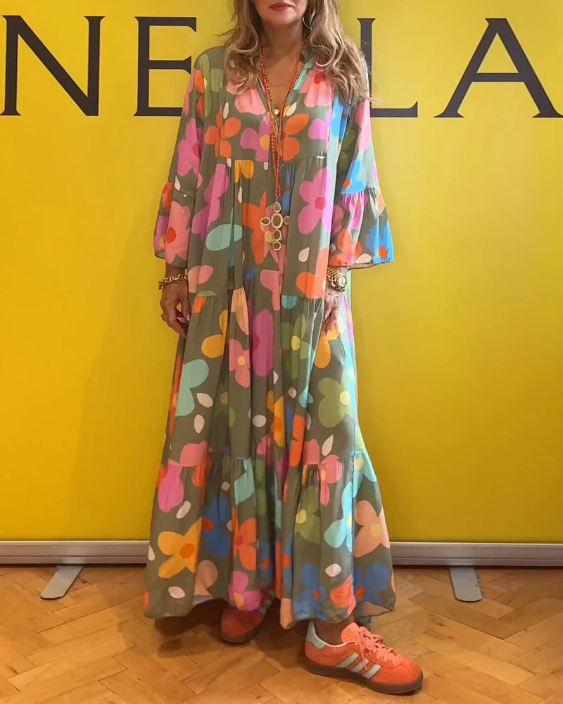 Colorful floral print bell sleeve casual dress - Image 35