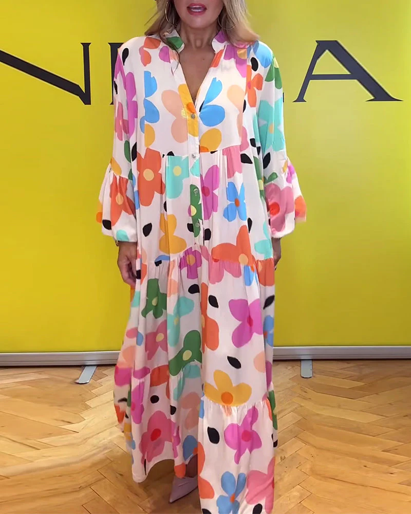 Colorful floral print bell sleeve casual dress - Image 6