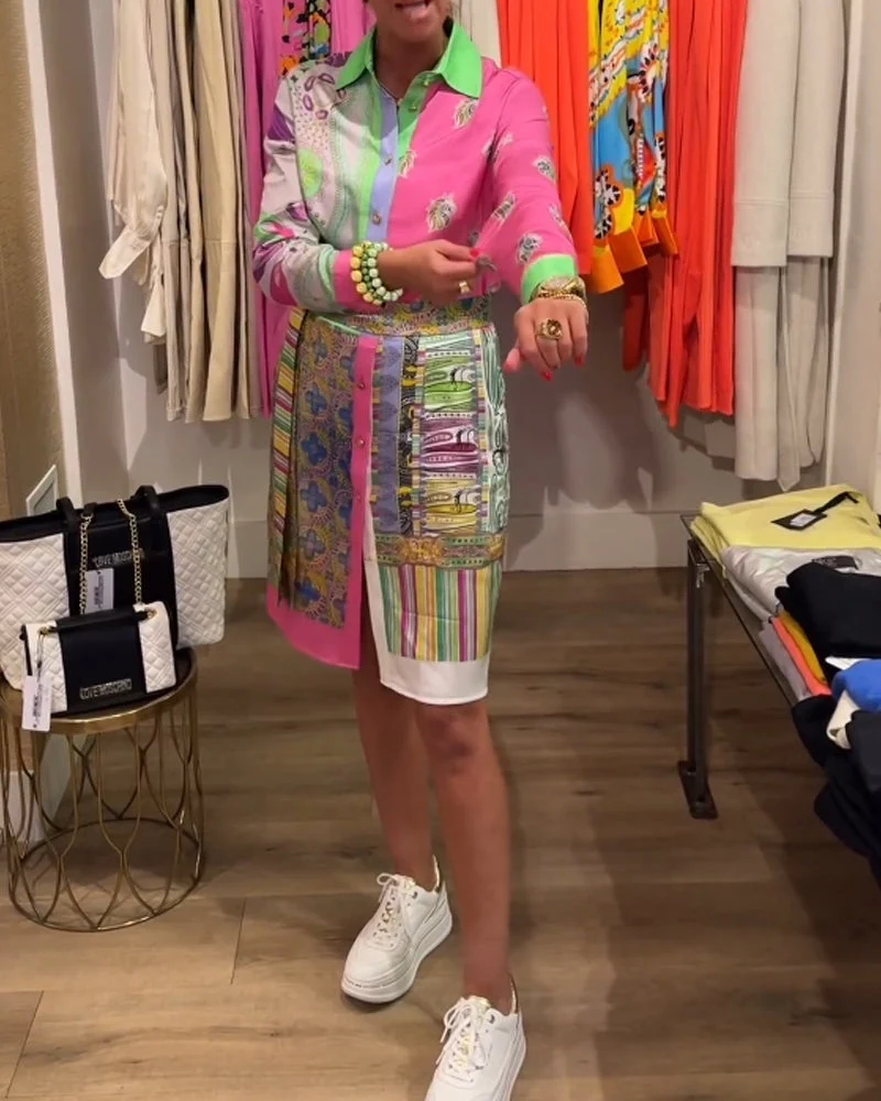 Colorful lapel slit dress - Image 3