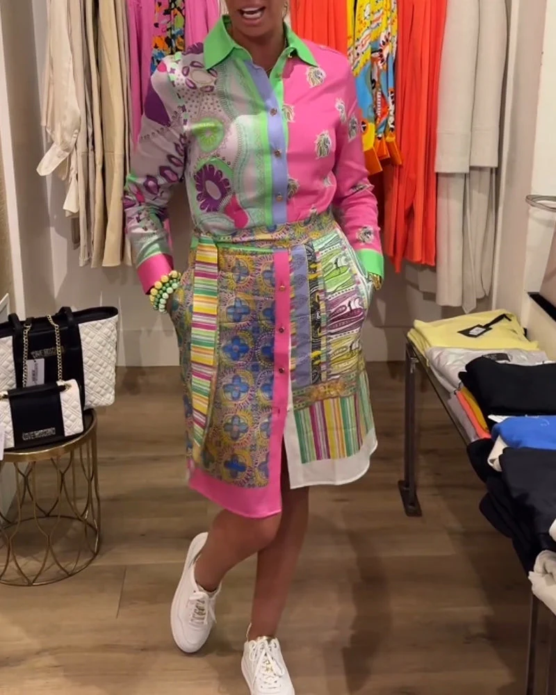 Colorful lapel slit dress - Image 4